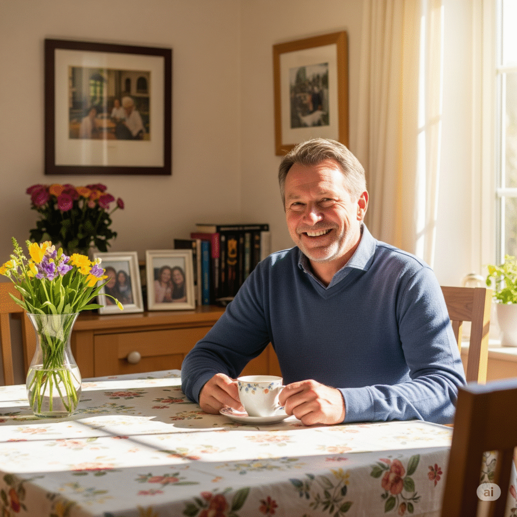 A man in his 50s smiles while sitting at his sunlit dining table with a cup of tea, looking happy and content in his own home.