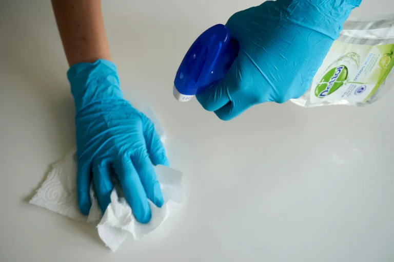 NDIS domestic support worker wiping down kitchen surfaces