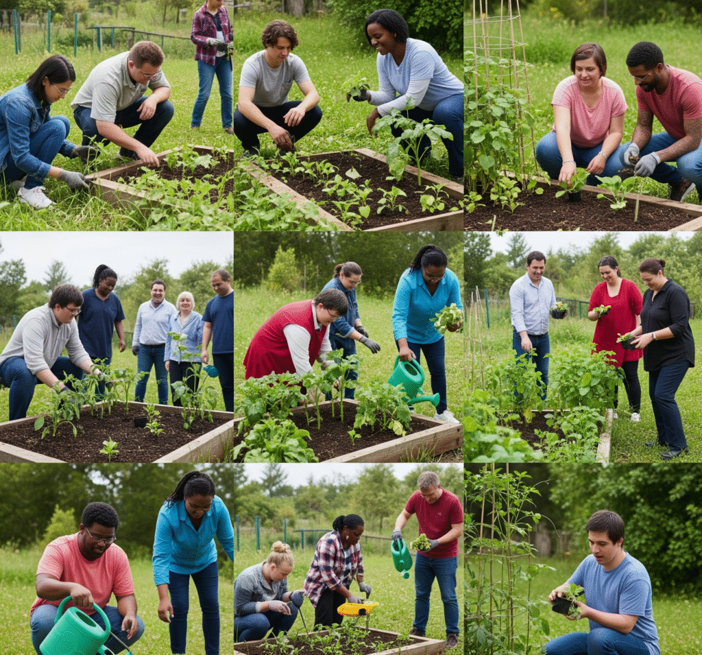 A photo collage showing a diverse group of adults aged 18-50 working together in a community garden. They are planting, watering, and tending to raised garden beds with vibrant green plants.