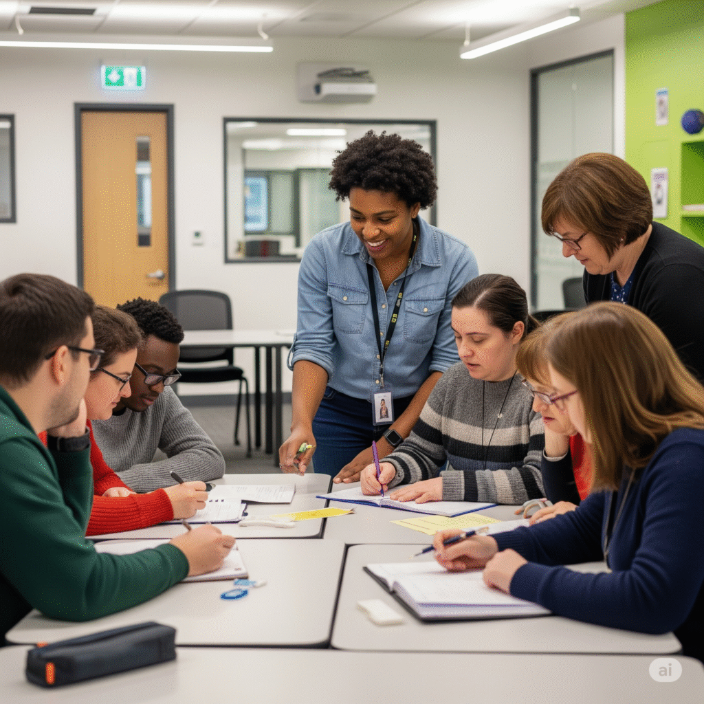 A diverse group of adults aged 18-50 are seated around a table in a modern classroom, engaged in a collaborative learning activity. A female mentor stands and leans over the table, guiding the group with a smile.